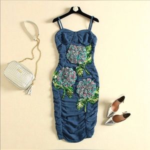 Blue Sequins Spaghetti Straps Dress.